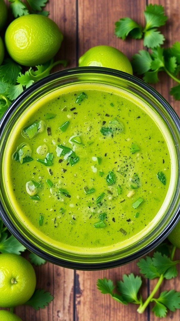 A bowl of green cilantro lime marinade with limes and cilantro on a rustic wooden surface.